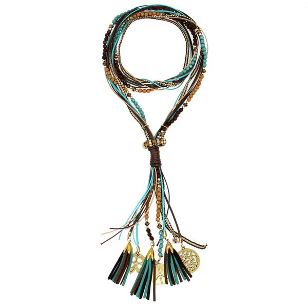 Olsen Twins Handmade Braided Cord Beads Necklace Bohemian Tassel Pendant Long Necklace For Women Fashion Accessories