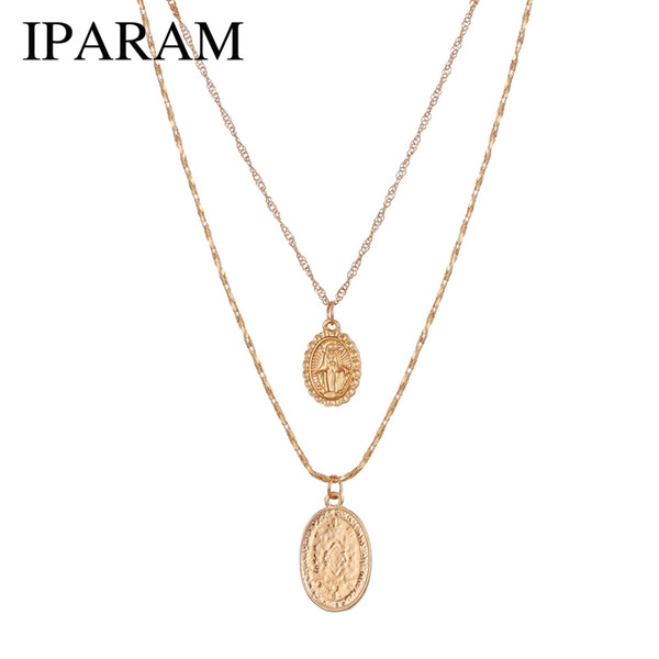 IPARAM Trendy fashion Religious Style Gold Chain Necklace Vintage Virgin Mary Pendant Necklace for Women Short Necklace 2pcs/set