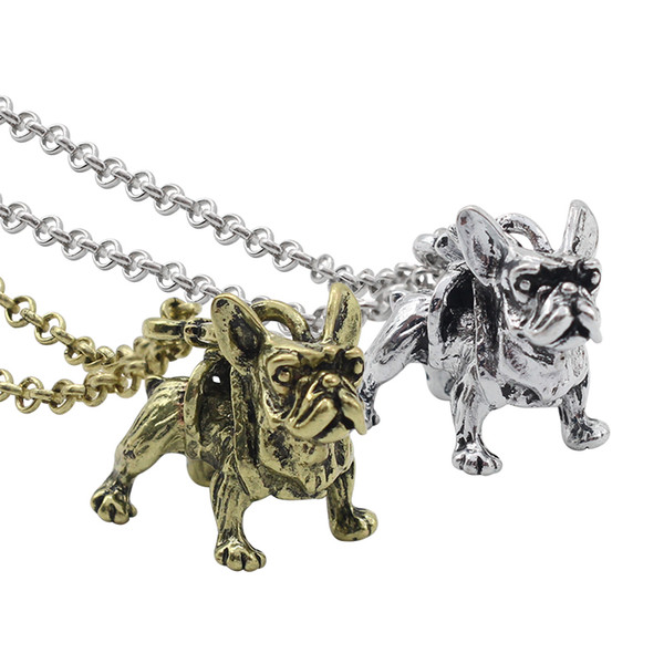 Fashion Punk Animal French Bulldog Pendant Necklace Jewelry Silver Gold Color 2 Color Dog Pendant Long Necklace For Men Women