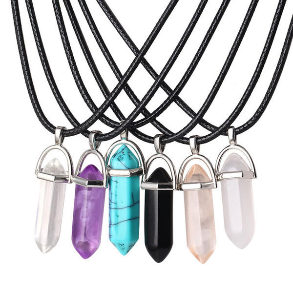 Hexagonal Column Natural Stone Opal Choker Necklace For Women Leather Chain Crystal Pendant Necklace Female Jewelry Gift