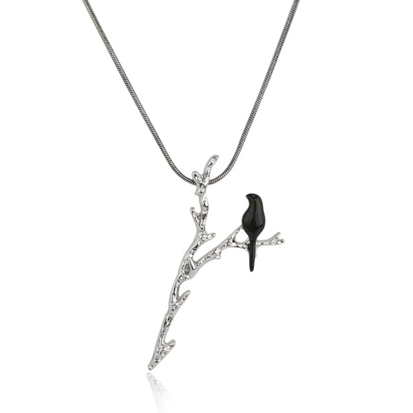 Hot Sale Creative Black Bird on Y-shaped Branch Pendant Necklace with Black Chain Personality Jewelry For Women Kids Wholesale