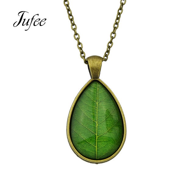 Jufee Ethnic Necklace Antique Gold-Color Silver Chain with Blue Green Leaf Pattern Water Drop Pendant Necklace Collier Femme