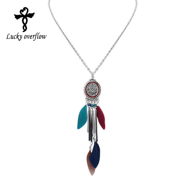 fashion hand made dreamcatcher long necklace black feather tassel pendant necklaces for women jewelry gift