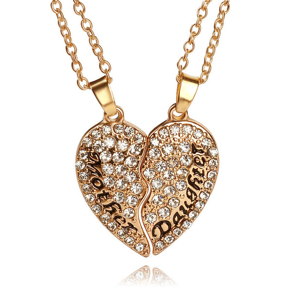 2pcs/set Heart Mother Daughter Cubic Zirconia Necklace Crystal Heart Shaped Pendant Necklace Mothers Day Chrismas Gifts For Mom