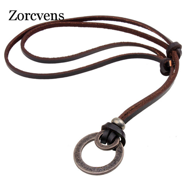 ZORCVENS New Arrival Fashion Long Genuine Brown Leather Vintage Hoops Men Pendant Necklace Women Men Male Female Jewelry