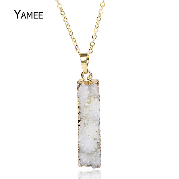 Fashion Cute Rectangle White Natural Druzy Stone Pendant Raw Quartz Gold Color Plated Necklace Charm Jewelry For Women Love Gift