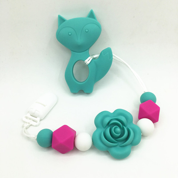 BPA free Silicone teething fox Teether Clip ,baby teether pacifier rose flower beads clip -silicone teething pacifier necklace