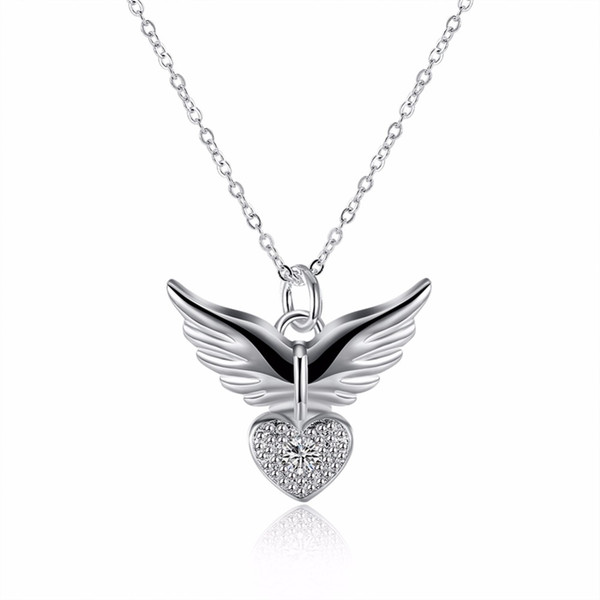 New Angel Heart Wings Necklace 925 stamped Silver Color Pendant Necklaces Inlay Genuine SWA Austrian Crystal