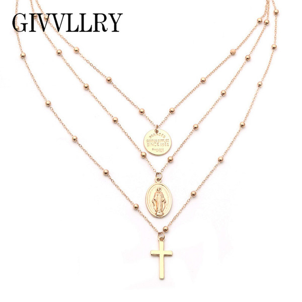 GIVVLLRY Virgin Mary Pendant Necklace for Women Religious Style Vintage 3 Layered Silver Gold Color Baroque Cross Chain Necklace