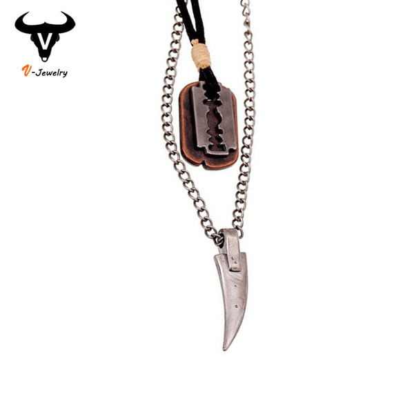 2016 Vintage Mens Necklace Alloy Animal Wolf Tooth Razor Blade Pendants Necklace Multilayer Metal Chain Choker Male Punk Jewelry