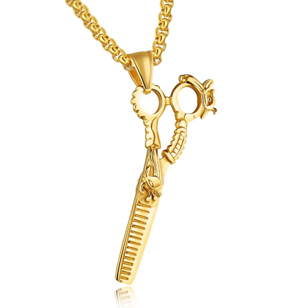 Trendy Barbers Scissors Neckalce Men Hiphop Rock Jewelry Gold Color Stainless Steel Pendants Necklaces for Women