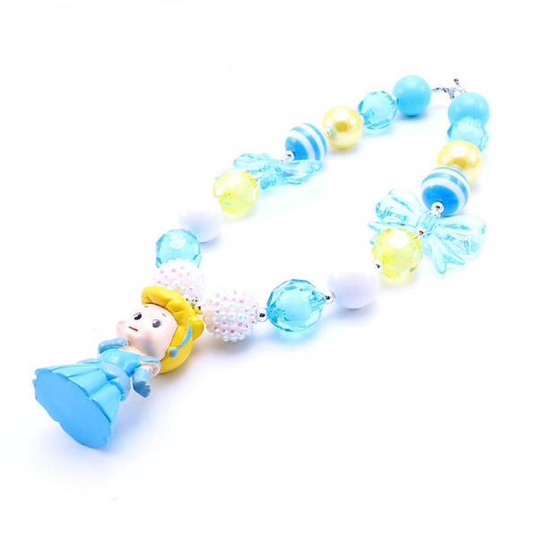 MHS.SUN New Fashion Cinderel Kid Chunky Necklace Blue Color Princess Girl Kids Bubblegum Chunky Bead Necklace Children Jewelry