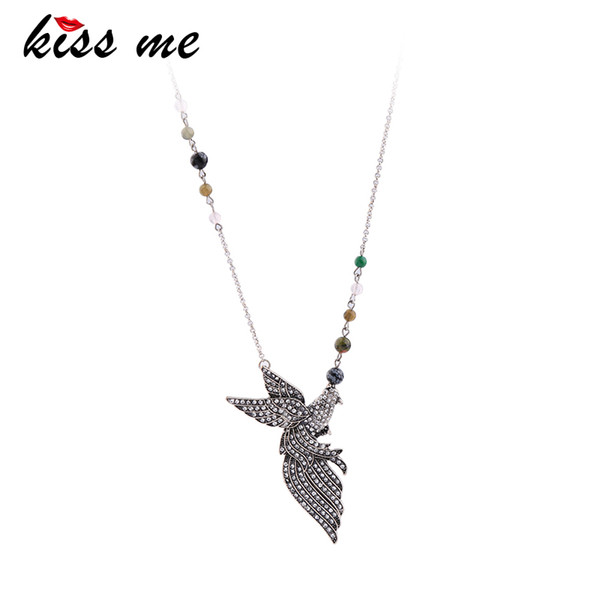 KISS ME Antique Silver Color Synthetic Stone Beads Chain Rhinestone Bird Pendant Necklace Women Jewelry Accessories