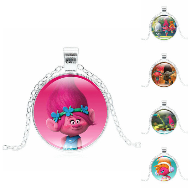 Silver Plated Jewelry with DreamWorks Trolls Poppy Pattern Glass Cabochon Anime Choker Long Pendant Necklace for Women Kids