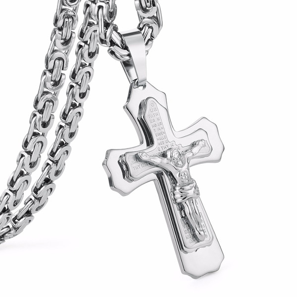 Crucified Jesus Cross with Carved Word Christian Pendant Necklaces Jewelry for Men Heavy Link Byzantine Chain 21.65