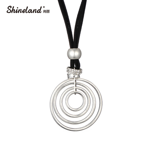 Shineland HOT Selling Handmade High Quality Silver/Rose Gold Color PU Leather Round Pendant Necklace for Women Accessories