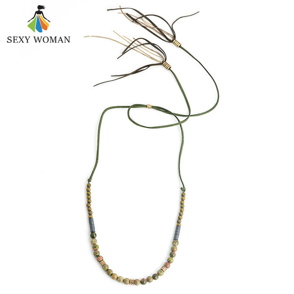 SEXY WOMAN New Bohemian Style Green Natural Stone Beads Necklace For Women Adjustable Tassel Pendant Strands Necklace Jewelry