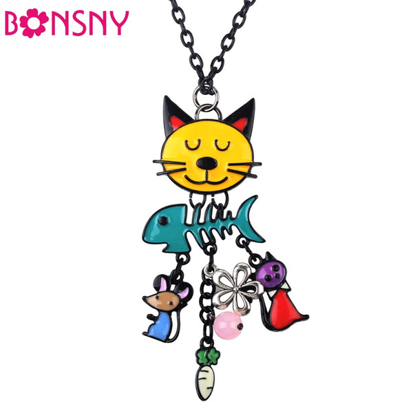 Bonsny Long Chain 2016 Colorful French Cat Necklace Enamel Pendant Fish Alloy Charm Brand Jewelry For Women Girl New Animal