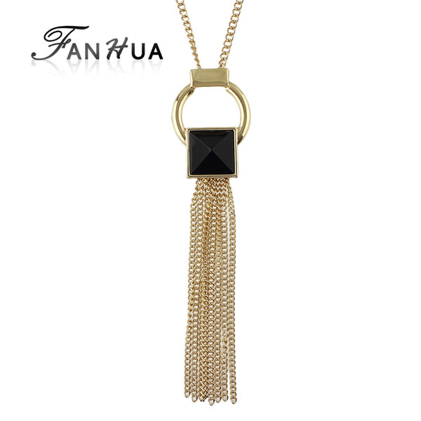 FANHUA New Jewelry Gold-Color Long Chain Necklace Geometric Black Acrylic Long Tassel Necklaces & Pendants Collier Femme