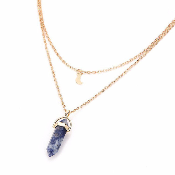 Bullet Shaped Natural Stone Pendants Necklaces For Women Gold Color Double Layer Moon Chokers Hexagonal Column stone colar