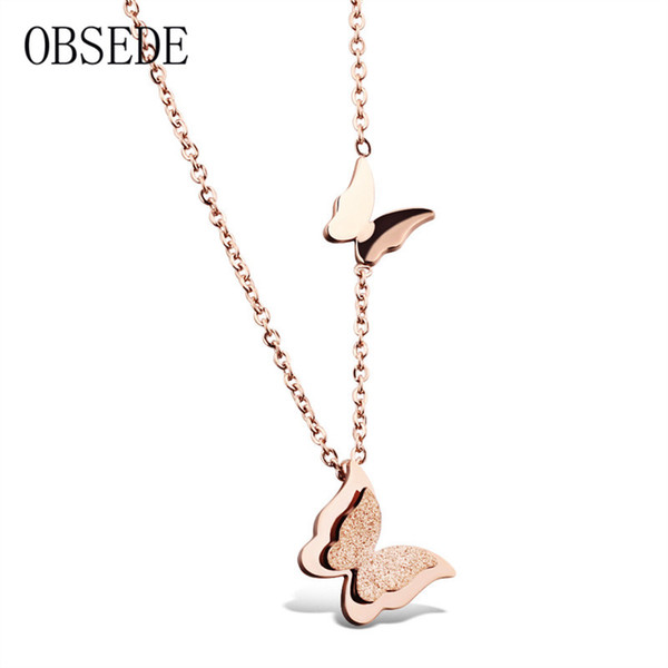 OBSEDE Fashion Charm Women Necklace Double Butterfly Pendant Necklace Rose Gold Stainless Steel Necklace Female Jewelry