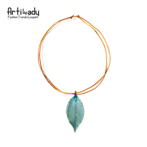 Artilady 6 options real leaf pendant necklace long length genuine leather copper necklaces women boho jewelry gift