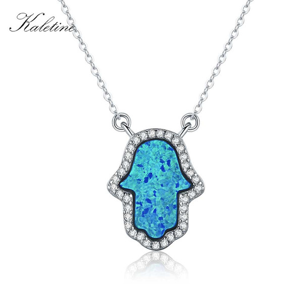 Synthetic Opal Hamsa Hand of Fatima Charm Genuine 925 Sterling Silver Pendant Necklace