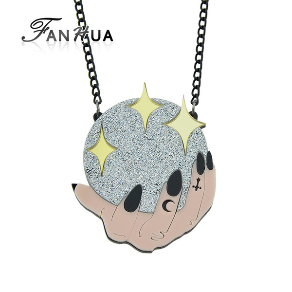 FANHUA Bohemian Style Black Metal Color Long Chain With Acrylic Hand Ball Star Pattern Geometric Pendant Necklace Women Jewelry