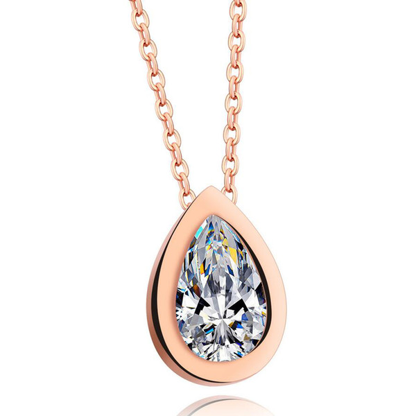 Fashion Rose Gold Color Stainless Steel Clear Crystal Water Drop Pendant Necklace Zircon Necklaces & Pendants For Women