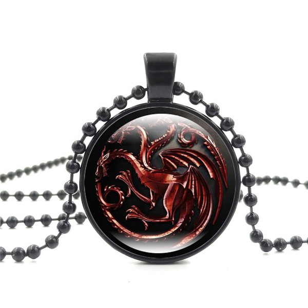 XUSHUI XJ Game of Throne Movie Jewelry Glass Cabochon Pendant Necklace Black Beads Chain Long Necklaces for Women