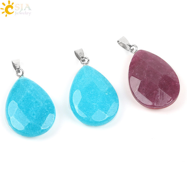 CSJA Healing Natural Gem Stone Beads Water Drop Teardrop Necklaces Pendants Blue Purplish Red Fashion Classic Reiki Jewelry E804