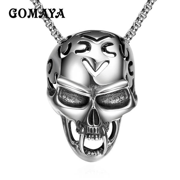 GOMAYA Stainless Steel Skull Pendant Necklace For Mens Hollow Skeleton Punk Rock Jewelry Classic Gothic Silver Color Collier