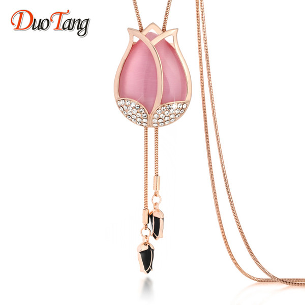 DuoTang Classic Flower Pendant Necklaces Opal Rhinestone Gold Color Snake Chain Pink Fashion Tulip Necklace Women Jewelry M0046