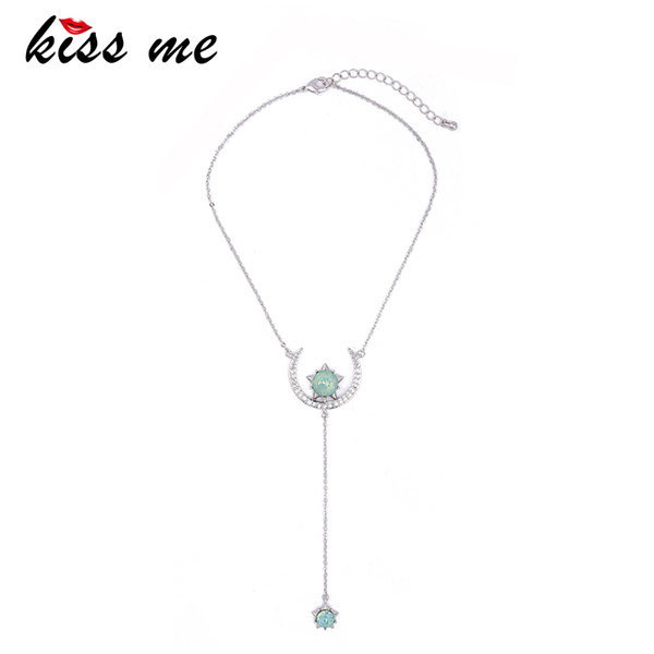 KISS ME Popular Green & Clear Star Moon Crystal Pendant Necklace Rose Gold & Silver Color Chain Necklaces for Women