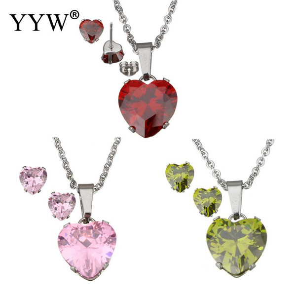 YYW Cubic Zircon CZ Rhinestone Crystal Drop Stainless Steel Jewelry Necklace Lover Heart Pendant Necklace Women Wedding Jewelry