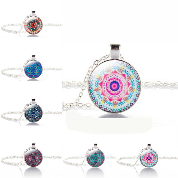 Vintage Jewelry Silver Plated with OM Symbol Buddhism Mandala Glass Cabochon Yoga Pendant Choker Glass Necklace India Jewelry