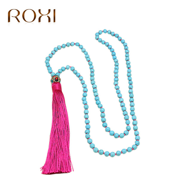 ROXI Natural Stone Beads Long Necklace Classic Nepal Bead Tassel Necklace Hand Knotted Boho Necklace For Women Jewelry