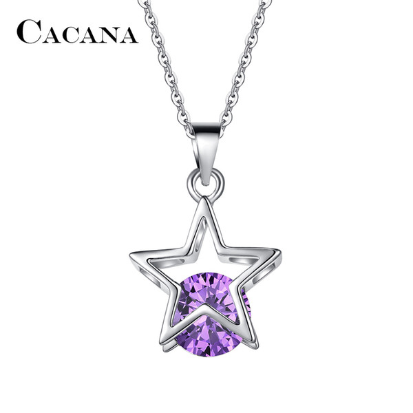 CACANA Pendant Necklaces For Women Trendy Silver Plated Star Zircon Design Metal Link Chain Long Necklace Wholesale N190