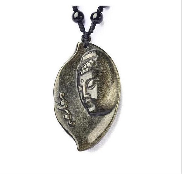 Natural Gold Obsidian stone buddha charm zen buddha pendant beaded necklace