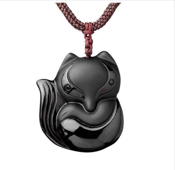 Hand carved natural Obsidian stone fox good luck pendant necklace