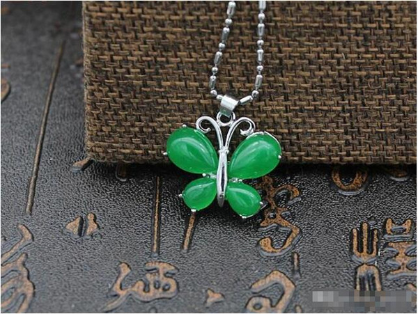 Wholesale - Natural Jade Green Malay Jade Butterfly Diamond pendant Emerald Emerald Mosaic Pendant Silver chain