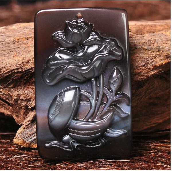 Unique Natural Obsidian stone Hand carved buddha Lotus Amulet charm pendant
