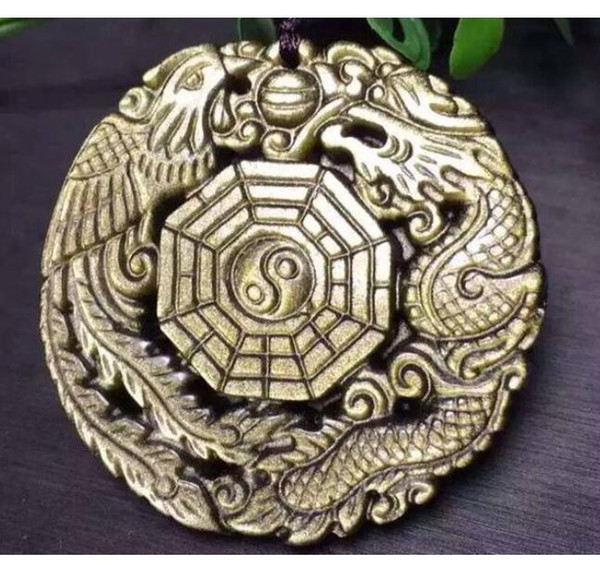 Natural Gold Obsidian stone The eight trigrams charm pendant Unique gift
