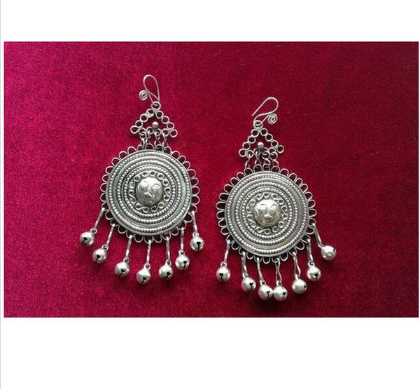Guizhou Miao Miao silver handmade jewelry handmade earrings sun Tassel Earrings exaggerated personality