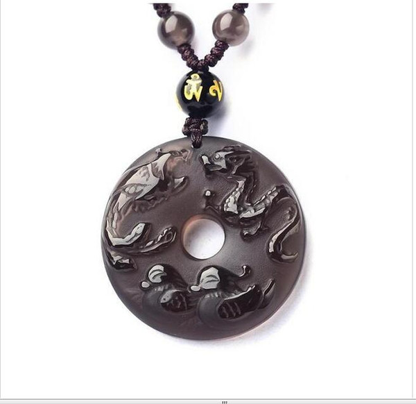 Wholesale - Natural ice Obsidian stone Dragon, phoenix pendant beaded necklace