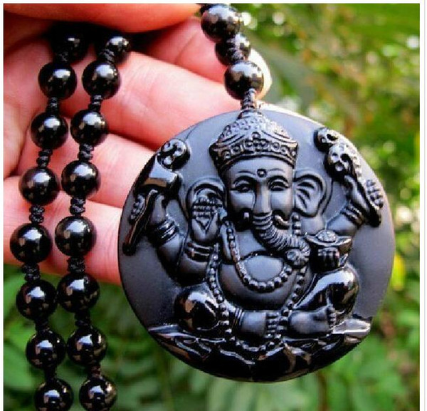 Wholesale - natural Obsidian stone Elephant good luck pendant necklace