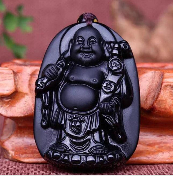 natural Obsidian stone Hand carved buddha charm pendant necklace