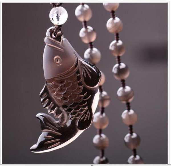 Wholesale - natural ice Obsidian Hand carved fish good luck beaded pendant