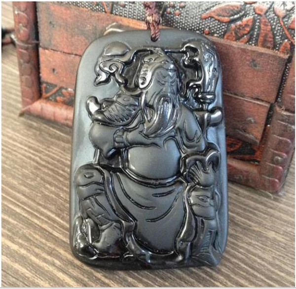 natural Obsidian stone Hand carved guanyu charm beaded pendant necklace