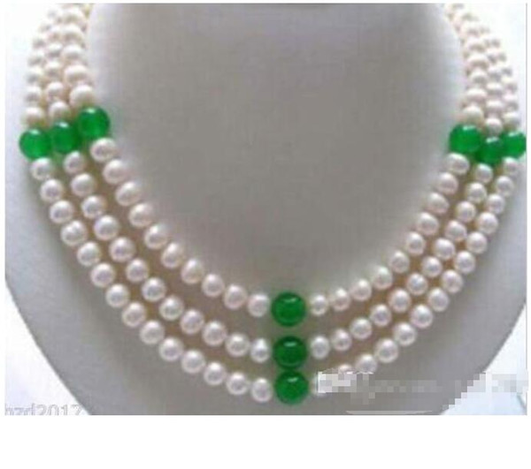 Wholesale - 3 Row 7-8mm White Freshwater Pearl & 8mm green jade Necklace